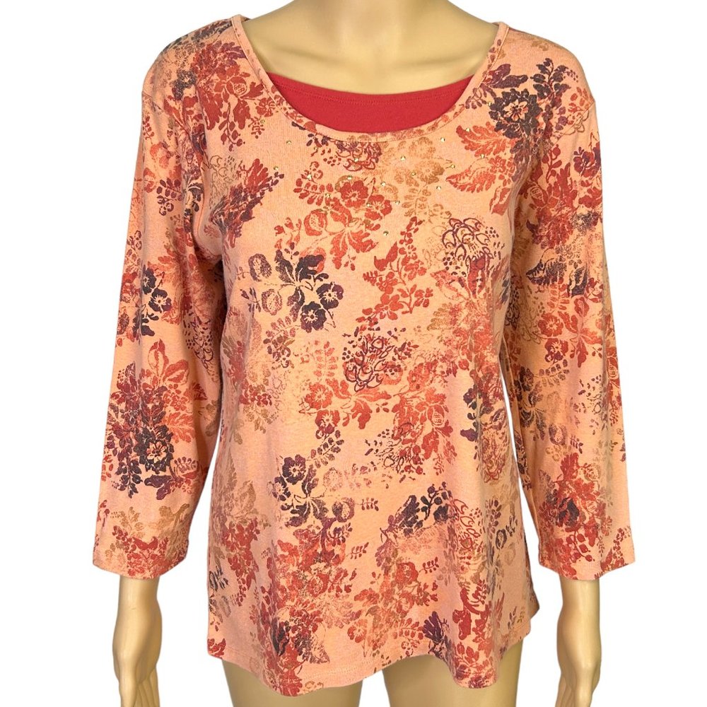 Basic Editions Womens XXL Orange Floral Long Sleeve Stretch Blouse Shirtโ